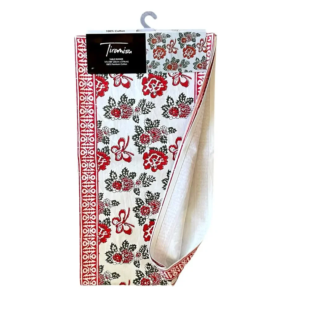 Tiramisu Block Print Cotton Table Runner 14x108 Pink & Red Floral Butterfly NEW